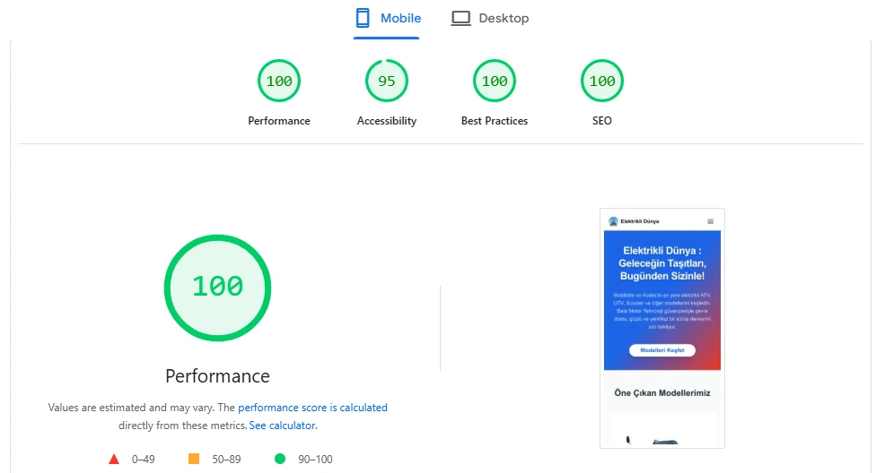 elektriklidunya.com için Google PageSpeed Insights mobil sonucu: Performance 100, Accessibility 95, Best Practices 100, SEO 100